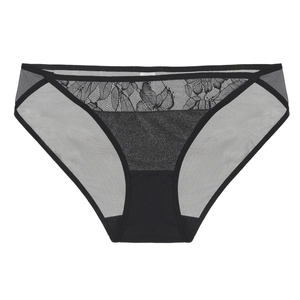 Detail of black low-rise lace panties with floral embroidery and sheer mesh wings
