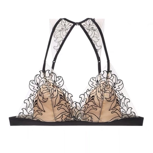 French Style Floral Embroidery Lace Bralette For Women Wireless Triangle Cup Sexy Mesh Lingerie Bra With Adjustable Straps