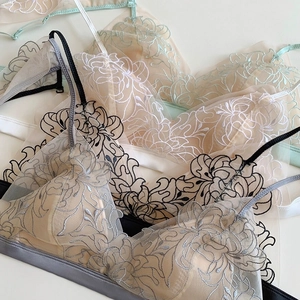 French style triangle cup floral embroidery bralette with sexy mesh and cross back design