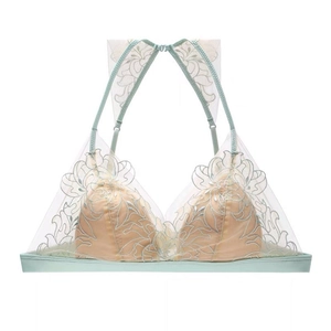 French mint green lace triangle bralette with floral embroidery and wireless design