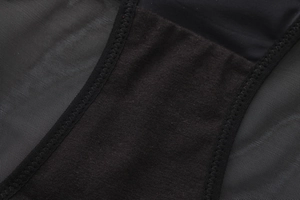 Detailed close-up of black lace panty showing breathable mesh fabric and stitch texture