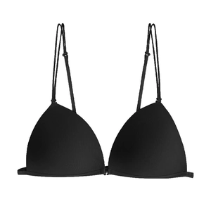 Seamless French style triangle push-up bra in black ribbed fabric with adjustable thin straps