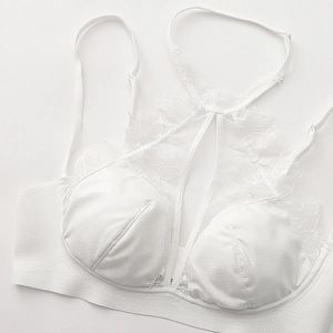 French style white lace halter bralette with sexy hollow out detail and floral mesh