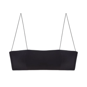Close-up of minimalist black seamless bandeau with ultra-thin spaghetti straps