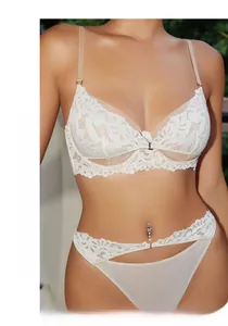 Dettaglio del set di lingerie in pizzo bianco con reggiseno in rete e slip abbinati