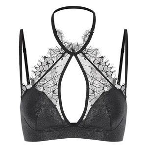 Sexy French style black lace halter bralette with shimmering fabric and cutout detail