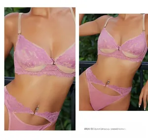 Dettaglio del set di lingerie in pizzo viola con ricami e fibbie metalliche eleganti