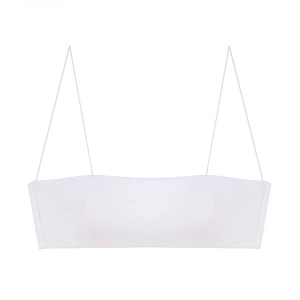Detailed view of seamless white bandeau top with ultra-thin shoulder straps and soft fabric