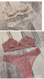 Dettaglio di ricamo floreale e mesh trasparente su completi intimi beige e rosa cipria
