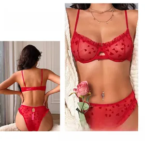 Detailed view of red heart print lace lingerie set with sheer mesh and ruffled edges