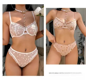 Detail of sheer lace lingerie set with heart patterns and ruffle edges in pastel tones
