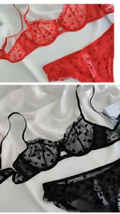 Detail of red and black lace lingerie sets with heart prints and sheer mesh fabric