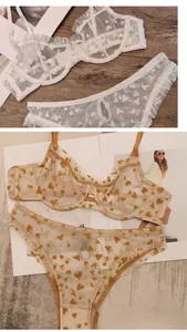 Detailed close-up of semi-transparent lace bra and panty sets with heart pattern