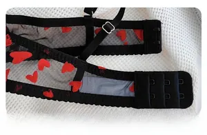 Detail of sheer black lace bra with red heart embroidery and adjustable straps