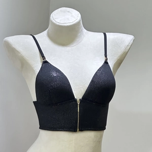 Sparkly black thin strap bralette with front metal zipper and shiny fabric for women
