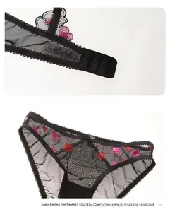 Detailansicht von schwarzem transparentem Mesh-BH mit roten Herz-Stickereien und Spitze