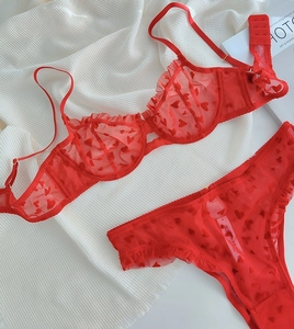 Dettaglio di un set di lingerie in rete rossa con stampa a cuore e bordi a volant