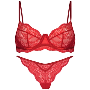 Detailed view of red floral lace lingerie set with semi-sheer underwire bra and thong