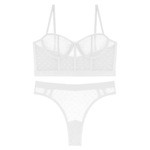 Detailed view of white polka dot sheer mesh lingerie set with bustier and matching thong