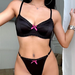 Sexy black satin lingerie set with heart lace trim and pink bows for women