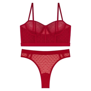 Detailed flat lay of red sheer mesh lingerie set with lace texture and dot patterns
