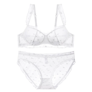 French style white lace lingerie set with heart embroidery and ruffled straps