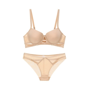 Naadloze push-up bh-set in huidskleur met geometrische details en bijpassende mesh slip