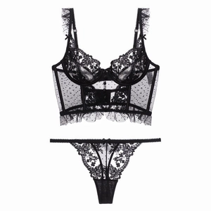 Ensemble lingerie bustier en dentelle française avec motifs floraux et armatures noires