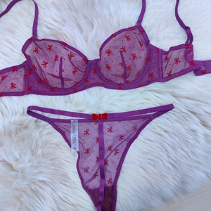 Paarse mesh lingerie set met rode vlinder borduring inclusief bh en string