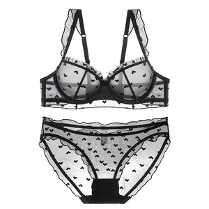 French style black sheer lace lingerie set with heart embroidery and ruffle straps