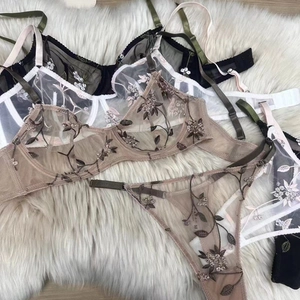 French style sheer mesh embroidery bra set with floral patterns and contrast straps