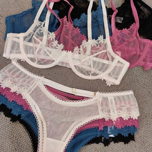 French style thin mesh lace bra set in white, magenta, peacock blue, and black