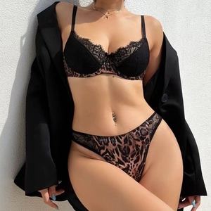 Sexy leopard print and black lace lingerie set with matching thong for women