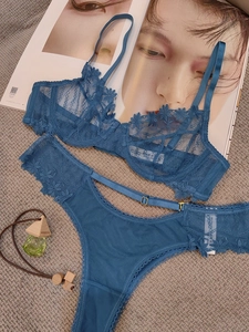 Detailed flat lay of blue lace mesh bra and thong set with floral embroidery details