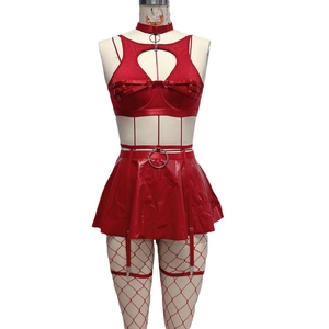 Five-piece red faux leather sexy lingerie set with lace, heart cutout top and pleated skirt