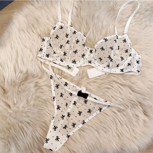 Macro detail of white lace lingerie set with black bow embroidery on sheer mesh