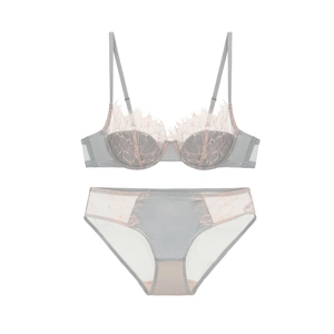 Ensemble de lingerie en dentelle grise élégante avec détails en dentelle rose poudré