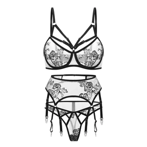 Three-piece sexy lingerie set with black floral embroidery on white sheer mesh fabric