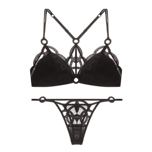 Sexy black lace lingerie set with geometric hollow-out design and metal ring detail
