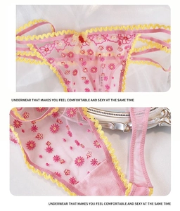 Detail der rosa Netz-Spitzenslips mit Blumenstickerei und gelber Spitzenkante