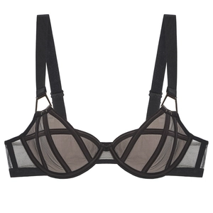 Sujetador sexy de malla transparente negra con tirantes anchos y líneas de soporte curvas