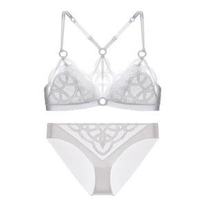 Elegante witte kanten lingerieset met geometrisch borduurwerk en transparante mesh
