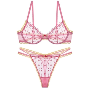 Dessous-Set aus Spitze mit floraler Stickerei in Pink und Gelb sowie Mesh-Bügel-BH