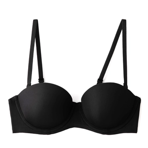 Seamless black demi cup strapless bra with adjustable straps on a plain white background