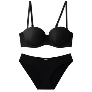 Seamless black push-up lingerie set with smooth wireless bra and matching panties