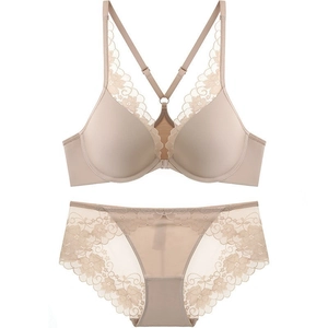 Lace front closure bra set with Y-shaped back design in elegant beige color