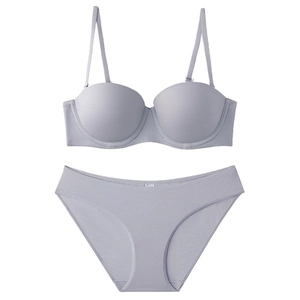 Seamless light grey push-up lingerie set with 1/2 cup bra and matching panties