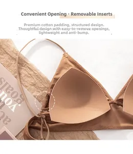 Detail showing the inner pocket and removable pads of the brown triangle bra cup