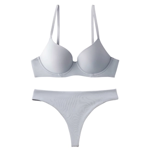 Seamless light grey microfiber lingerie set with underwire bra and minimalist thong