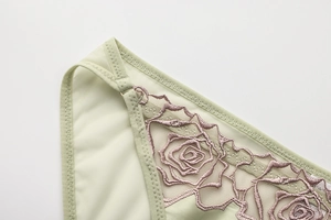 Macro di lingerie in pizzo verde menta con delicati ricami floreali di rose rosa